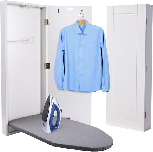 Ivation Wall-Mounted Ironing Board Cabinet, Foldable Ironing Storage Station for Home, Apartment , Easy-Release Lever, Garment Hooks, White