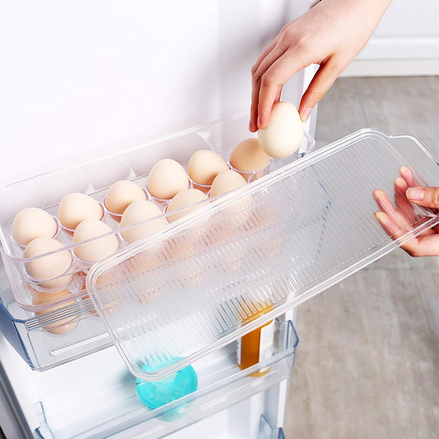 JAMOR 12 Grid Egg Storage Box Refrigerator Egg Rack Tray With Lid, Stackable Egg Rack, Transparent Egg Storage Box, BPA-Free (B)