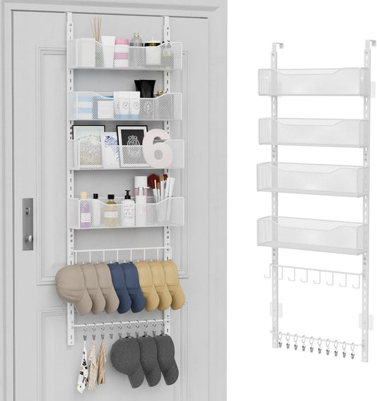 Over the Door Organizer, 2 in 1 Metal Hanging Closet Organizer & Hat Rack with 4 Adjustable Baskets, 8 Hooks, 10 Clips, Behind The Door Storage for Bedroom, Bathroom, Entrance, Closet, Kitchen, White