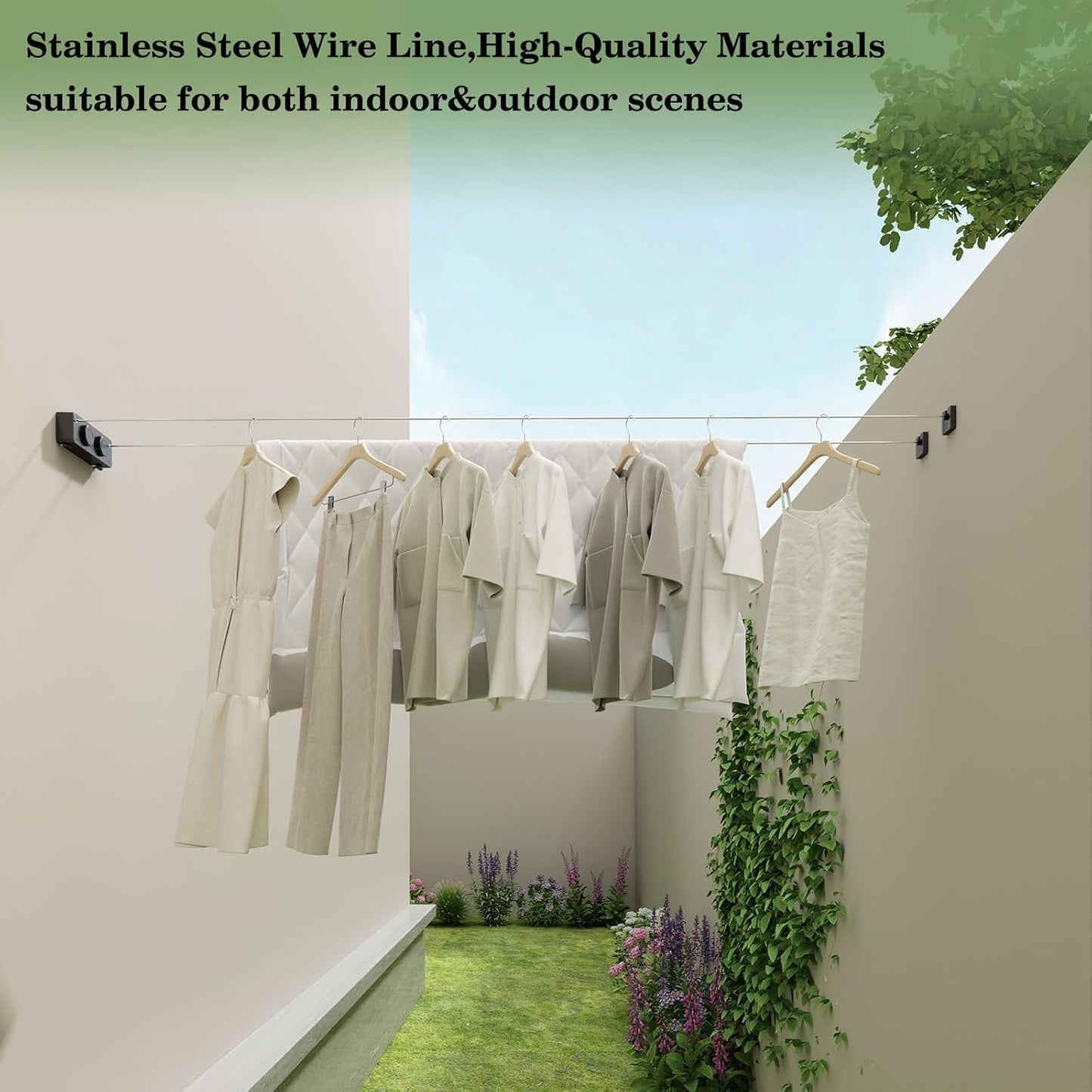Danpoo Retractable Clothesline, Anti-Sag Adjustable Knob Heavy-Duty Clothes Line for Indoors/Outdoors with 2 * 13.8ft Stainless Steel Wire, Laundry Wall Drying Solutions,Black