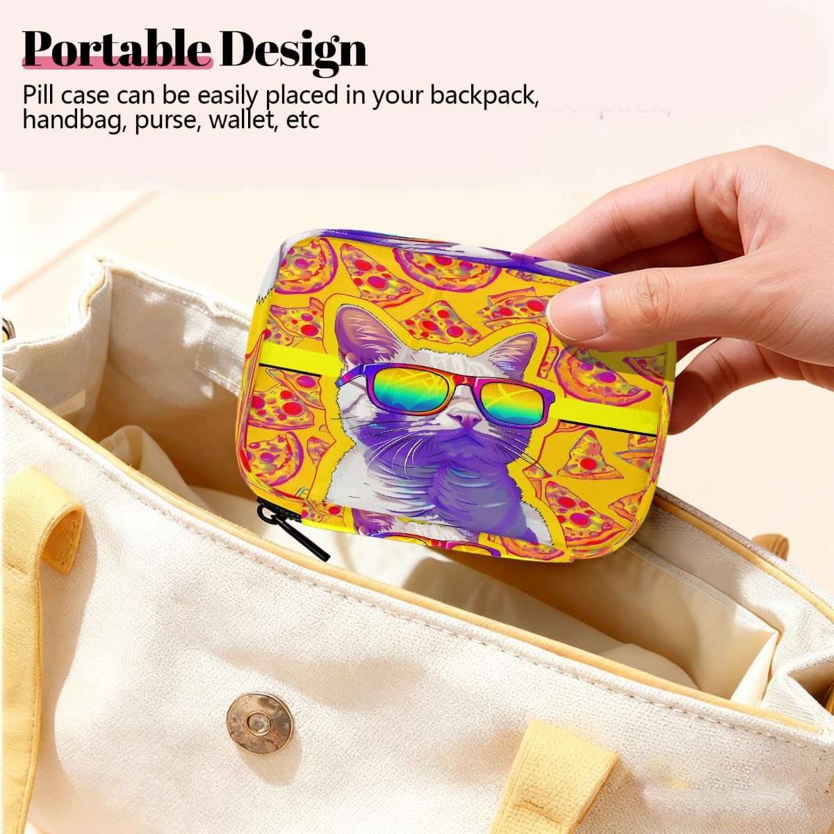 Sunglasses Cat Pizza Pattern Pill Organizer Travel Medicine Case with Zipper Daily Vitamin Storage Bag Portable 8 Slot Weekly Pill Box Supplement Holder for Home Office Gym Travel