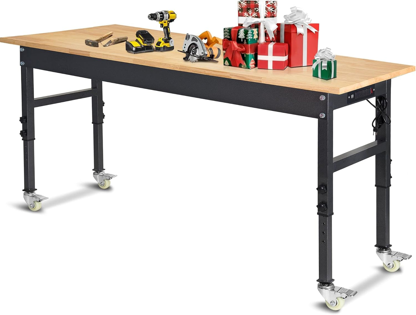 60" Adjustable Work Bench, Rubber Wood Top Workbench Heavy-Duty Work Table with Power Outlet and Wheels, 2000 LBS Load Capacity Hardwood Work Benches for Garage, Workshop, Home, Office, Easy Assembly
