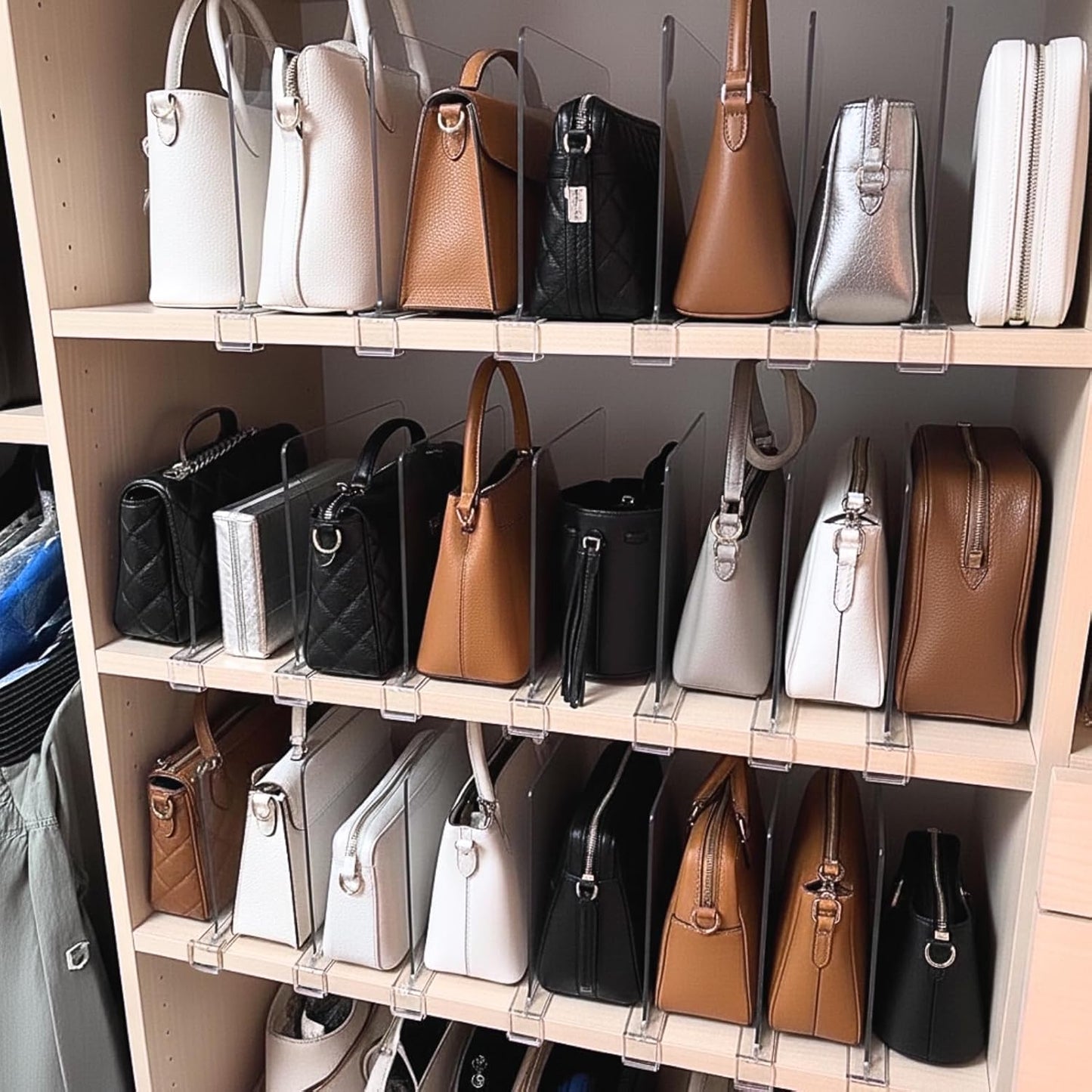 Shelf Dividers Purse Organizer for Closet: 8-Pack Acrylic Bag Storage Organizer for Handbags, Clutches, Clothes, Sweater, Towel on Wood Shelves