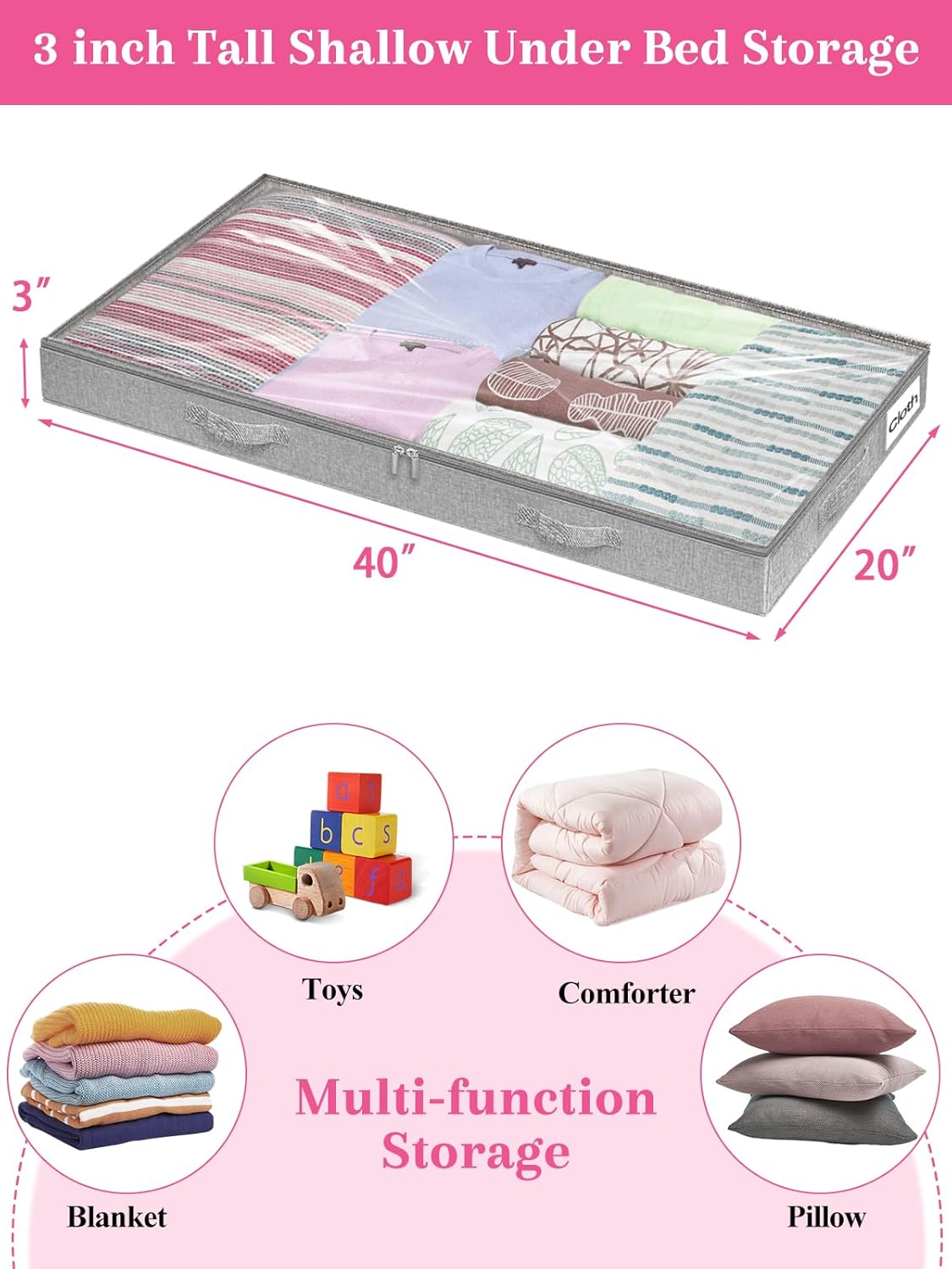 Low Profile Under Bed Storage, 3 Inches High Underbed Storage Containers Bins, NO STRUCTURE, Foldable Clothes Storage and Organizer with Lid & Zipper, Shallow Storage for Low Bed Couch Crib, 2-Pack