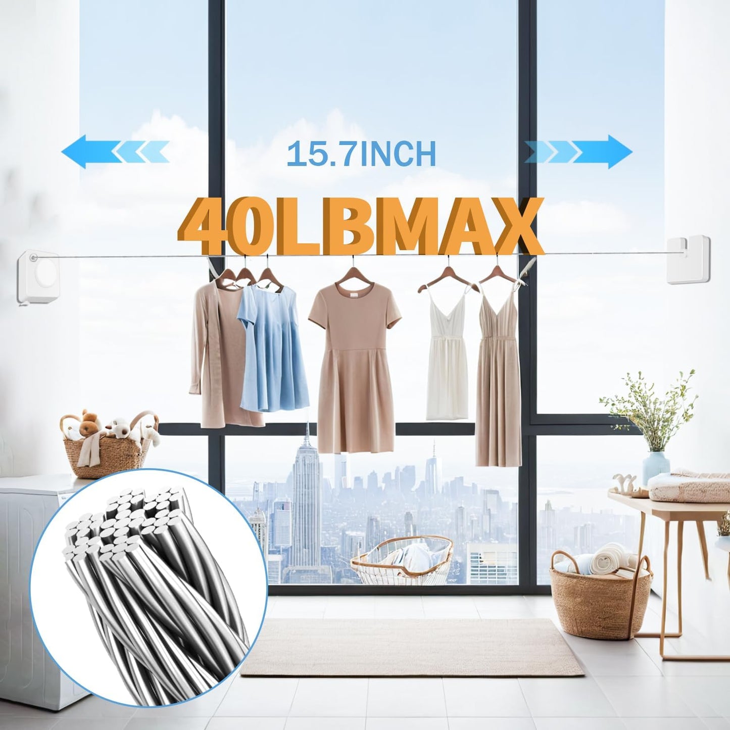 Retractable Clothesline Indoor, Non-Sagging Outdoor Clothes Line Retracting 15.7 Feet Heavy Duty Laundry Line Retractable Wall Mounted Clothes Line Outdoors (Square-White)