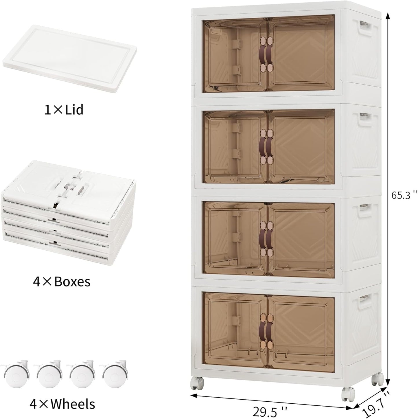 Storage Bins with Lids and Wheels, Collapsible Bathroom Storage Cabinet with Clear Doors, Plastic Stackable Closet Organizers and Storage Containers White 628 QT