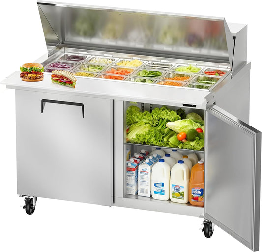 48" W Commercial Refrigerator Sandwich Salad Prep Table, Stainless Steel 2-Door Sandwich Prep Table Refrigerator, Counter Fan Cooling Refrigerator with 18 Pans for Restaurant, Bar