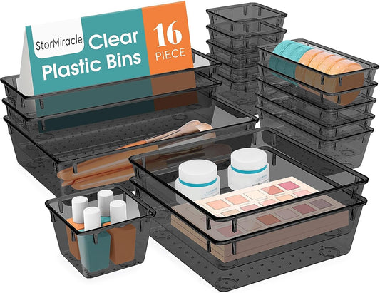 16 PCS Drawer Organizer Set, 5 Varied Size Bathroom and kitchen Drawer cabinet organizer Trays, Clear Storage Bins for Makeup, Jewelry, Utensils and Gadgets, Black