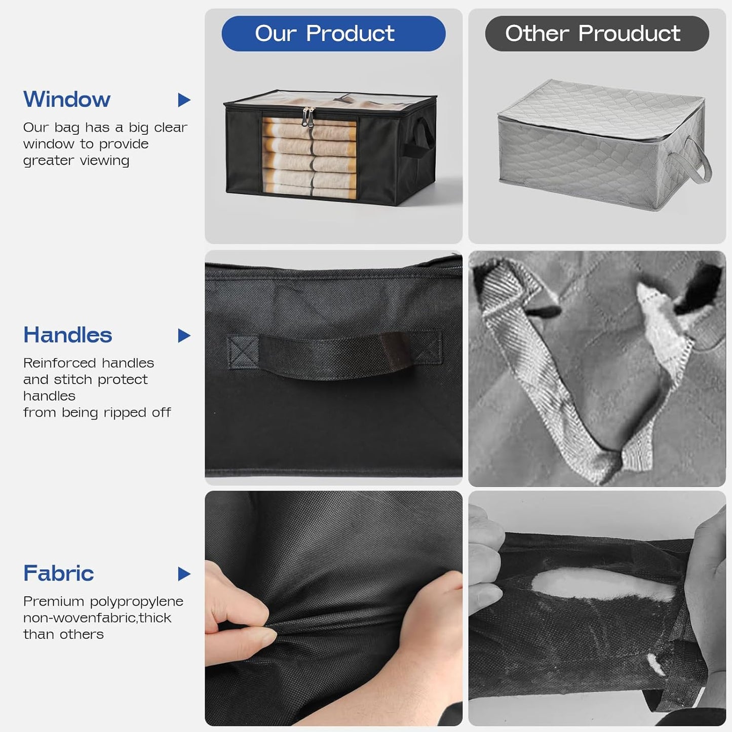 Hopack Clothes Storage Bags, Foldable Thick Fabric Blanket Storage Bags, Large Clear Window & Carry Handles, Great for Clothes, Blankets, Closets, Pillows, Toys (Black, 6PACK)
