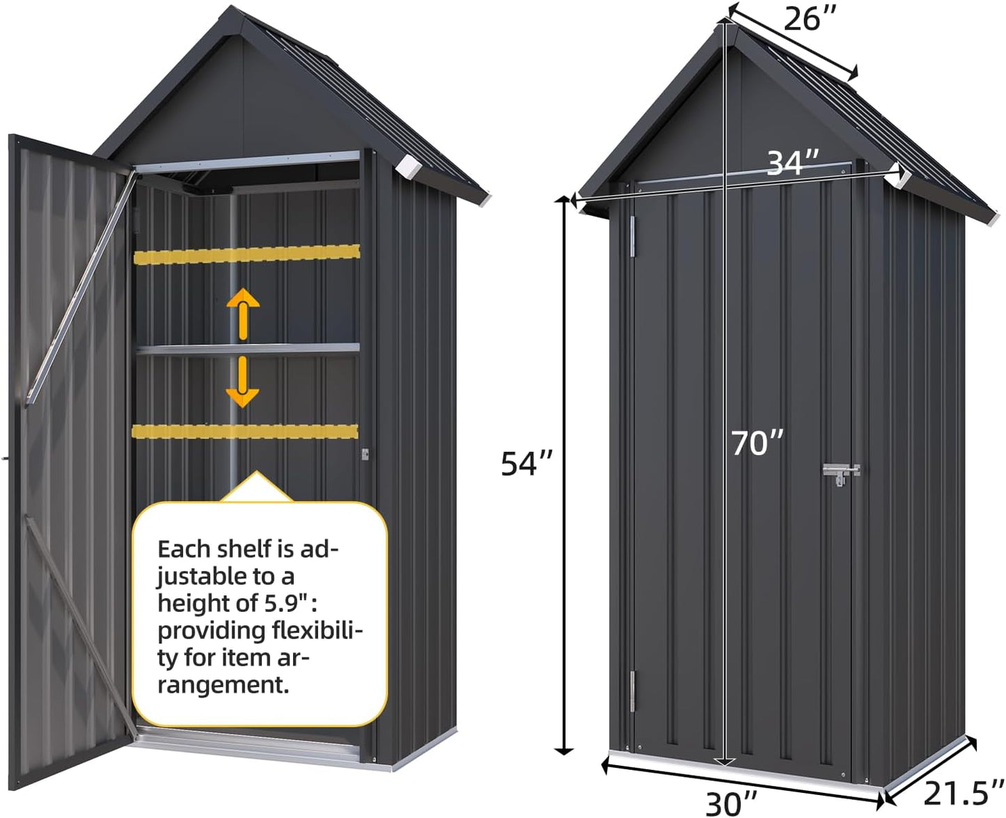 AECOJOY Outdoor Storage Cabinet Waterproof with Adjustable Shelves, Vertical Tall Storage Shed with Lockable Door, All Weather Mental Sheds & Outdoor Storage Clearance for Outside in Dark Grey