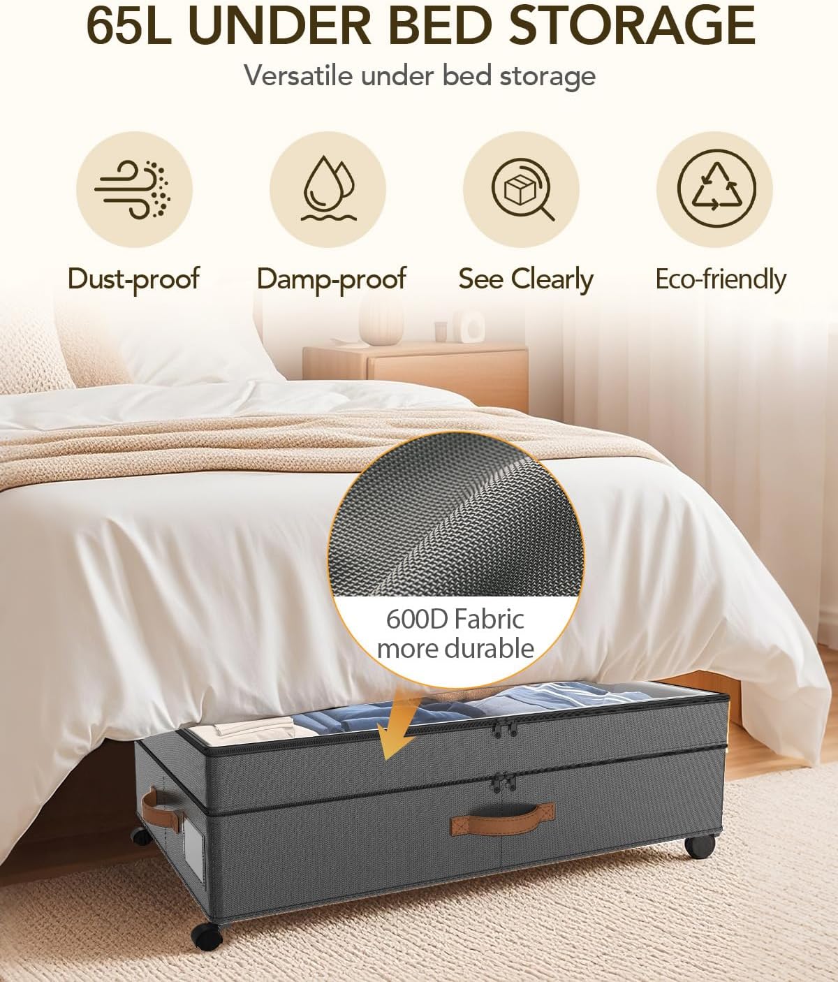 4 Pack Under Bed Storage with Wheels, Adjustable Height Storage Containers, 10 inches Large Capacity Rolling Underbed with Lids, Storage Drawers Shoes, Clothes, Blankets, Grey