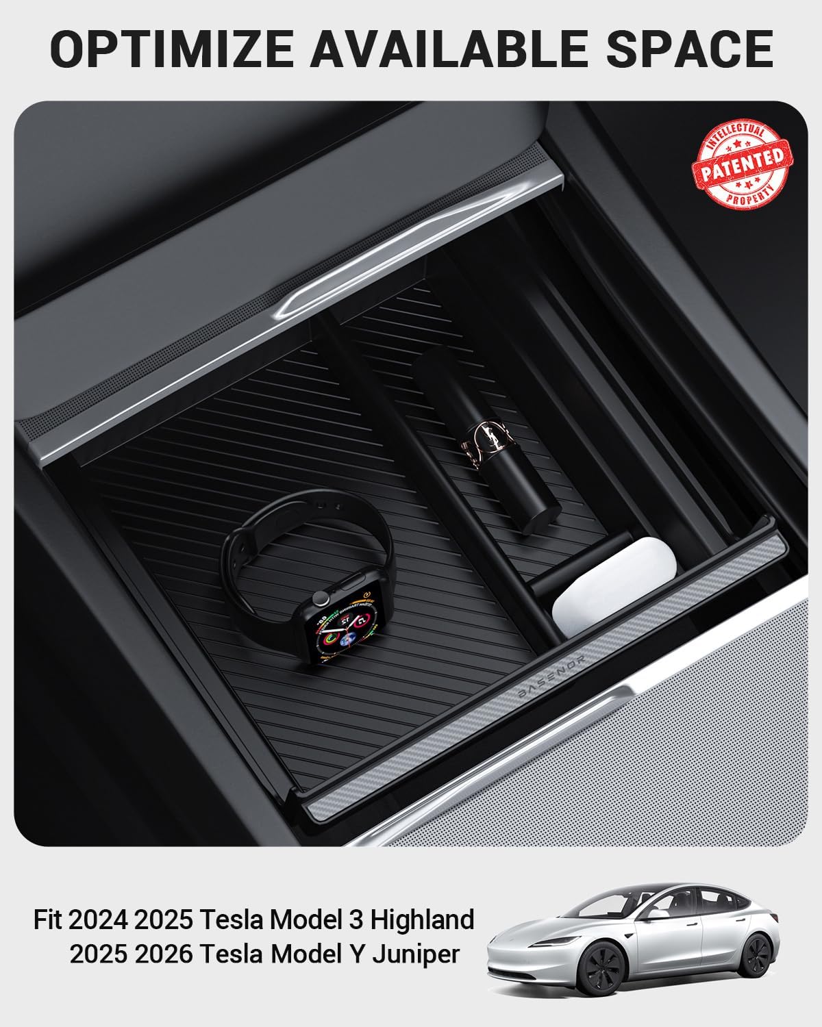 BASENOR 2026 Tesla Model Y Model 3 Center Console Organizer Tray (Carbon Edition), Hidden Storage Box for Model Y 2025 2026 Juniper Tesla 3 Highland 2024 2025 2026 (Standard/Premium/Performance)