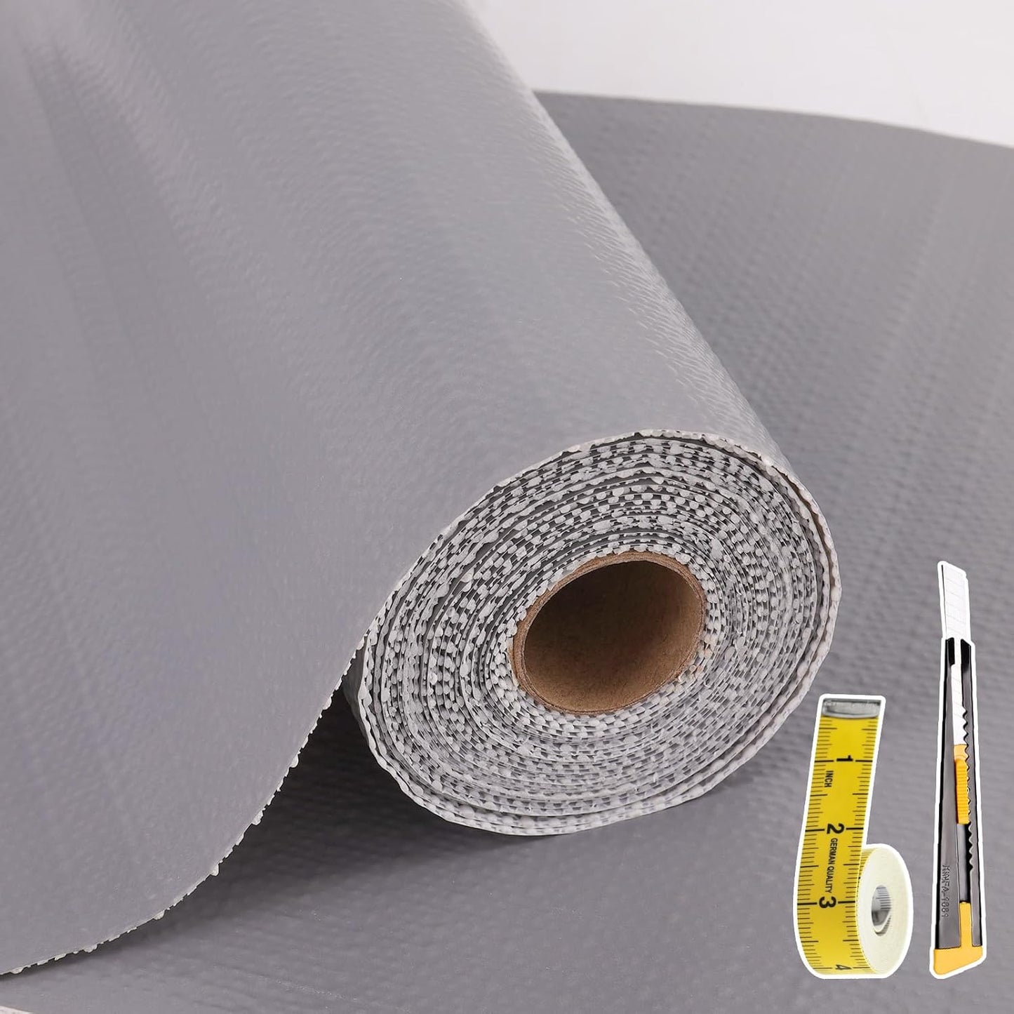 Shelf Liners for Kitchen Cabinets Non Adhesive Drawer Liner 23.6in x 20FT Pure Grey Thickened Shelf Liner Strong Non-Slip Easy to Clean for Tool Box Refrigerator with Knife and Tape Measure