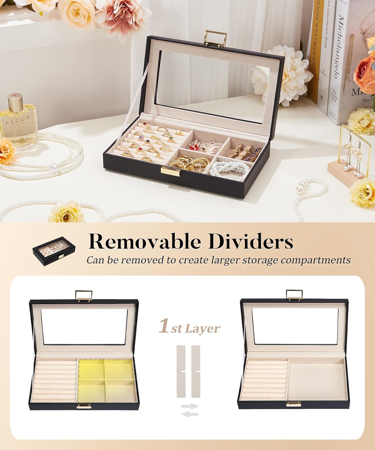 Homde Jewelry Tray Stackable Jewelry Box with Glass Lid, Removable Dividers for Vanity Table - Christmas Gift Idea for Girls and Women (Black)