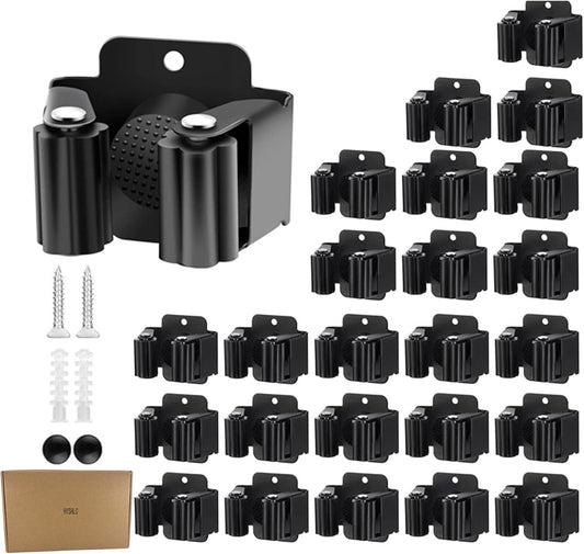 Broom Holder Wall Mount 25 Pack Broom and Mop Organizer Wall Hanging Clamp Clip Hanger Stainless Steel Gripper Mounted Utility Rack with Installation Screws Self Adhesive for Shovel Handle Black