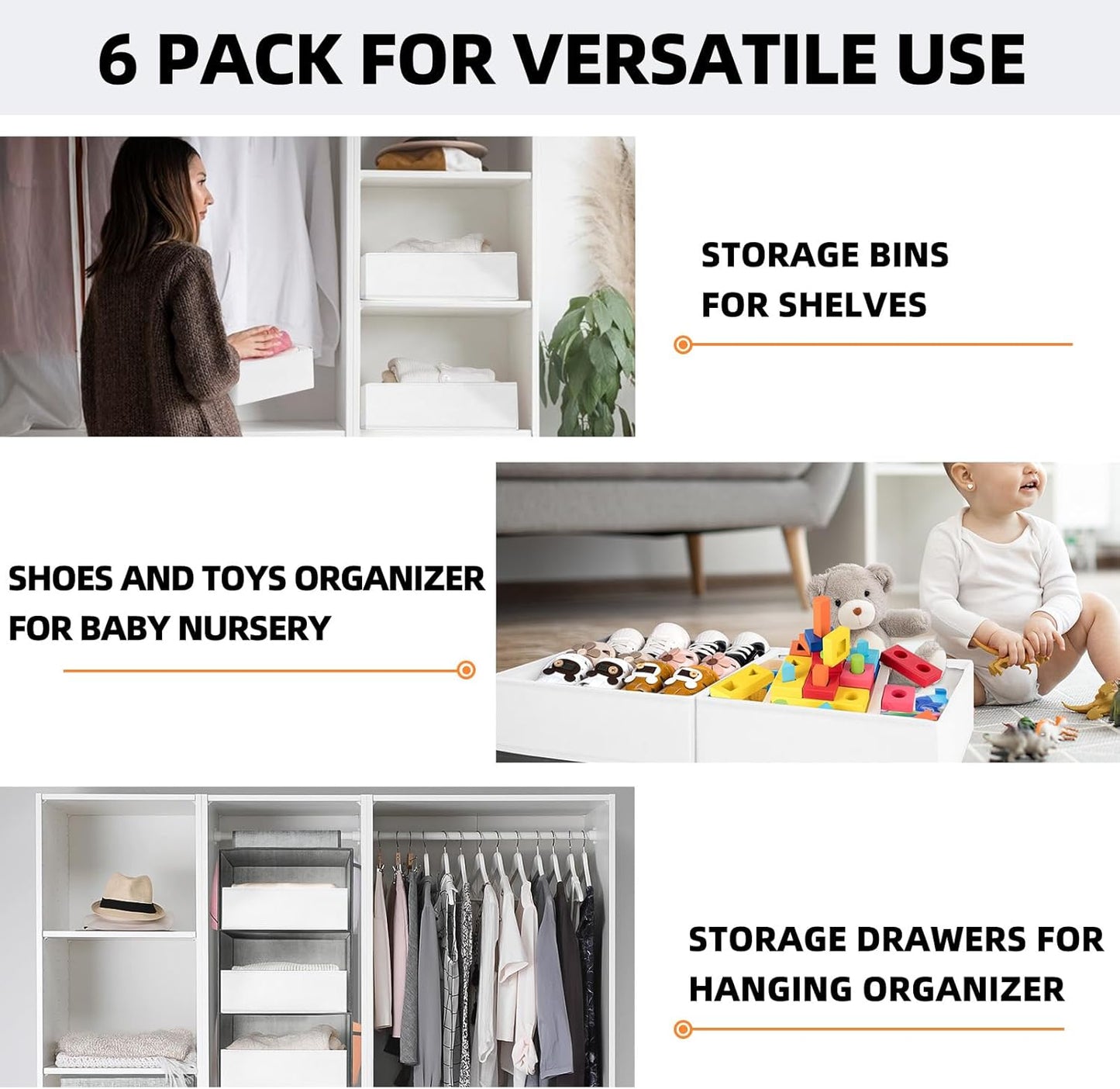 Criusia Drawer Organizer Clothes 6 Pack White- Dresser Organizer Bins for Closet Bedroom - Baby Clothes Organizers and Storage for Nursery Organization -Sock Underwear Drawer Organizer Divider