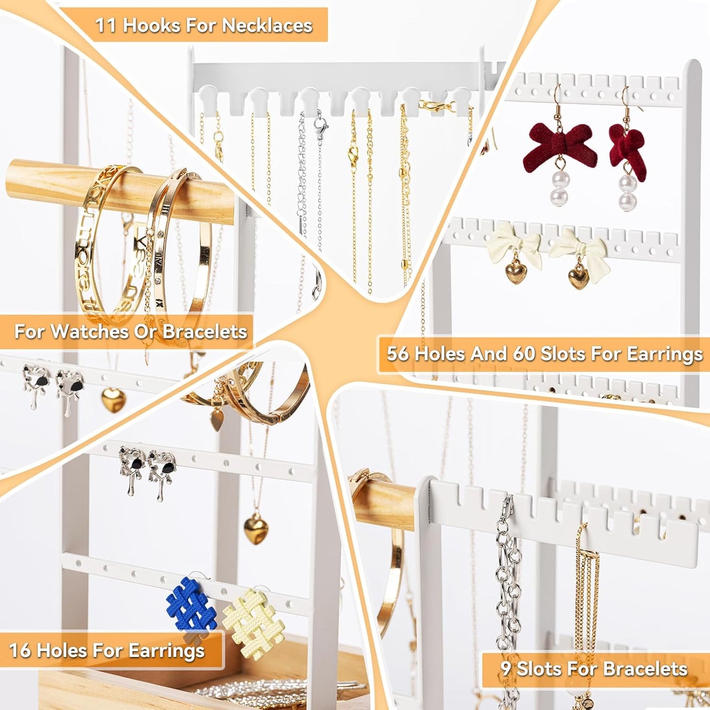 DreamGenius Jewelry Organizer Stand with Velvet Ring Holder, 4 Tier Jewelry Holder Organizer with 11 Hooks for Necklaces and 132 Holes for Earrings, White
