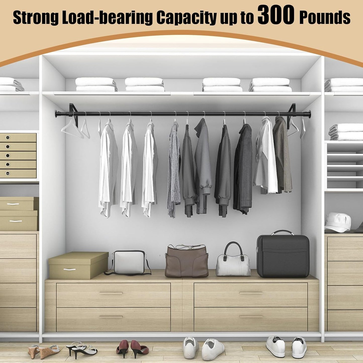 Closet Rod, 16 to 63 Inch Closet Rods Heavy Duty Adjustable Wardrobe Poles for Hanging Clothes and Heavy Duty Bracket Closet Pole Support (The Shelf NOT Included)(Black)