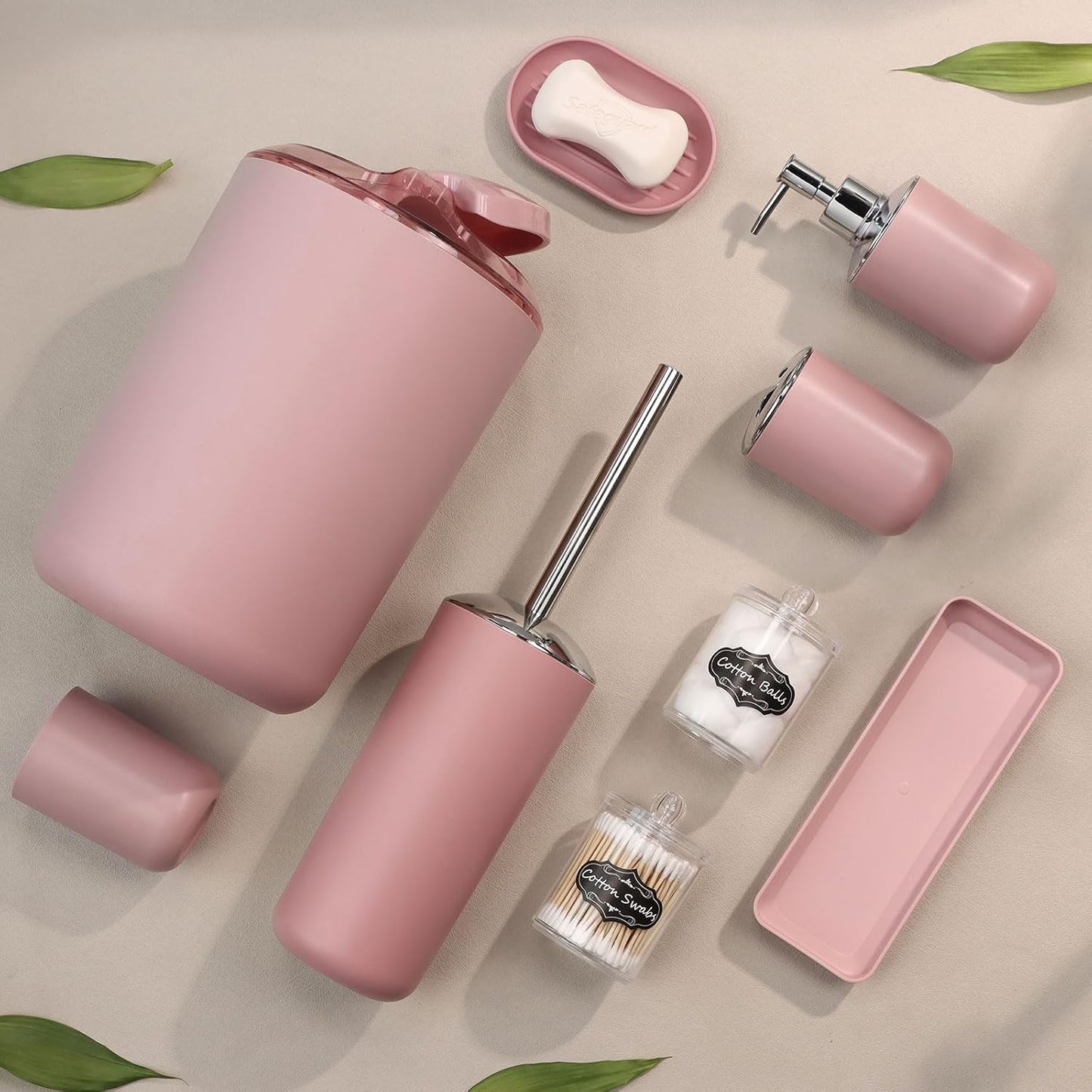 IMAVO Bathroom Accessories Set,Pink Bathroom Set,9 Pieces Bathroom Accessory Set,Tray,Qtip Holders,Toilet Brush,Trash Can for Bathroom Décor and Home Gifts