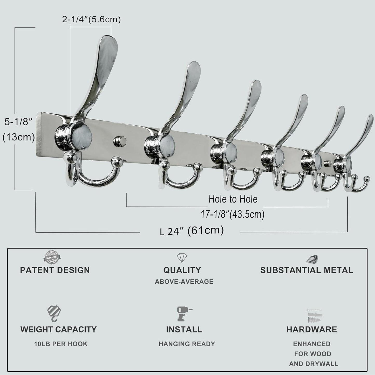 Dseap Coat Rack Wall Mount 2.0 Pro: 24” Long, 3X Tougher, Heavy Duty Stainless Steel Wall Coat Hanger with 6 Tri Hooks for Clothes Jackets Hats Entryway Closet, Chromed
