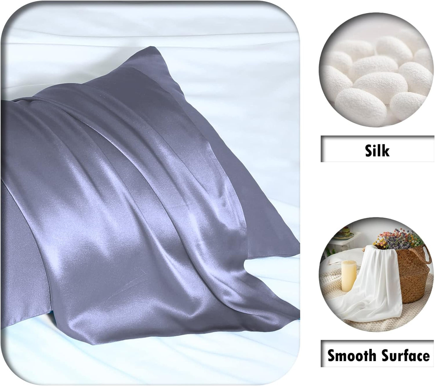 Natural Mulberry Silk Pillowcase for Hair and Skin Queen Size 20"X30" Silk Pillow Case with Hidden Zipper Soft Breathable Smooth Cooling Silk Pillow Covers for Sleeping(Grayish Blue,Queen,1Pcs)