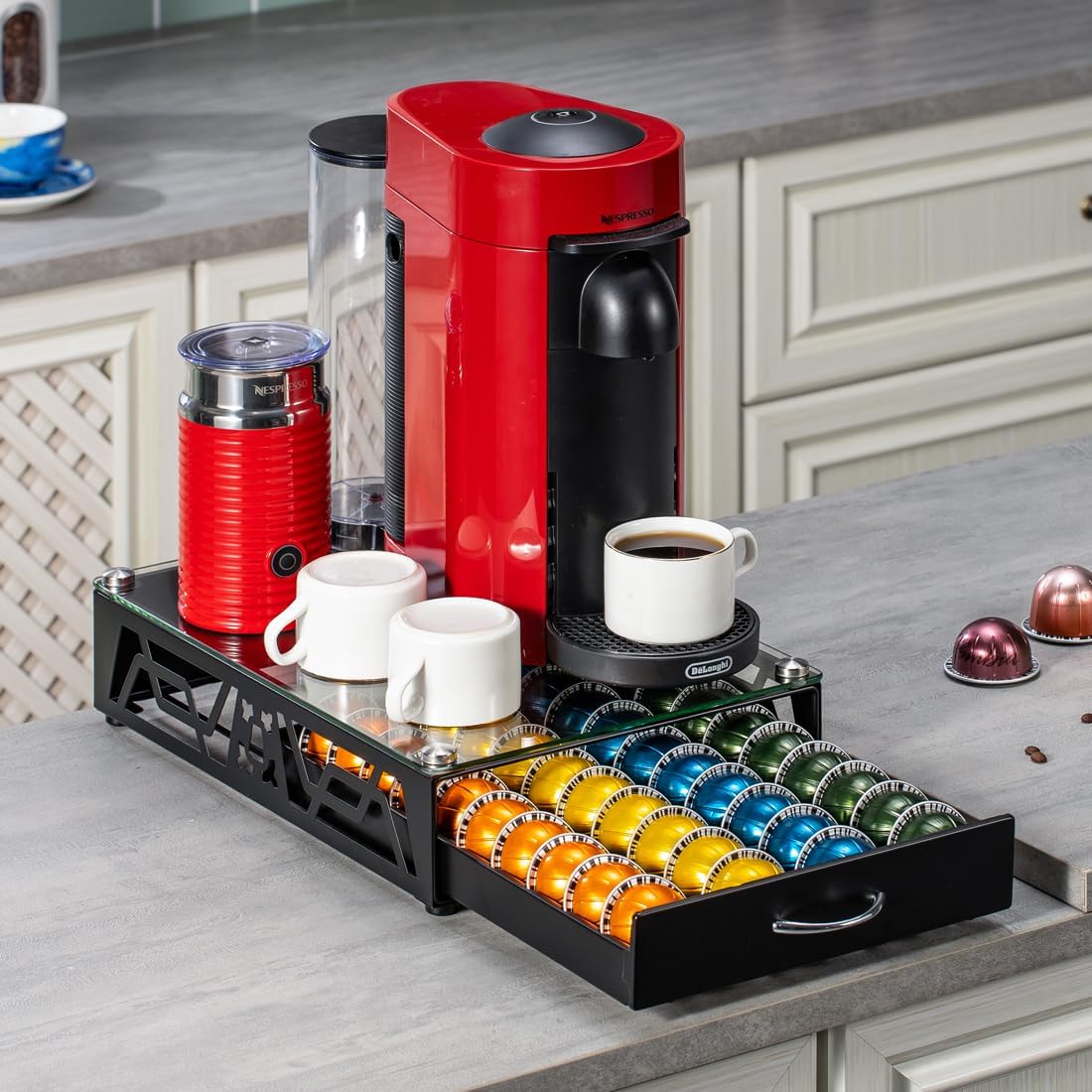 FlagShip Vertuo Pod Holder- Modern Glass Top Coffee Capsule Organizer & Space-Saving Pod Storage for Coffee Machines, Generous 40 Vertuo Pods Capacity