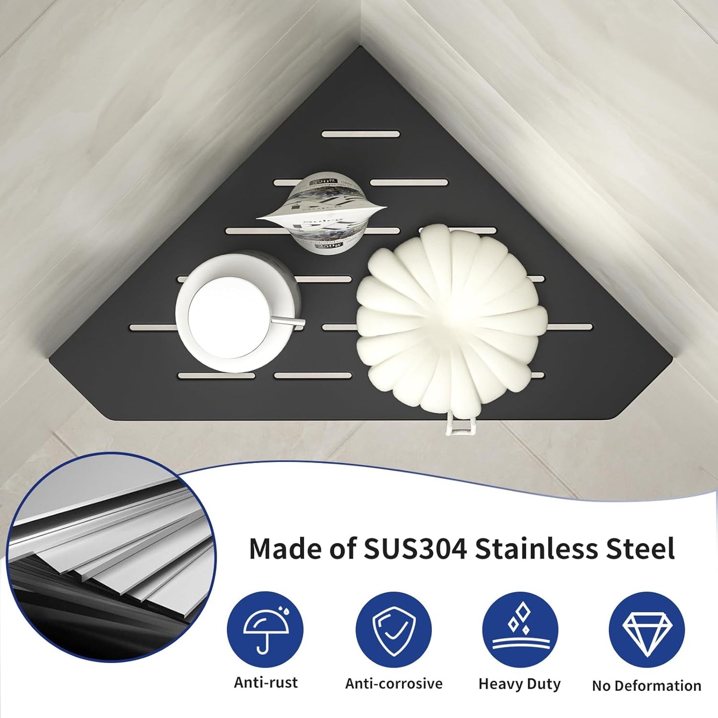 Corner Shower Shelf 10" Matte Black 304 Stainless Steel Pentagonal Heavy Duty Floating Corner Shelves Slot Design Recessed Bathroom Shelf for Tiled Wall, No Drilling Needed
