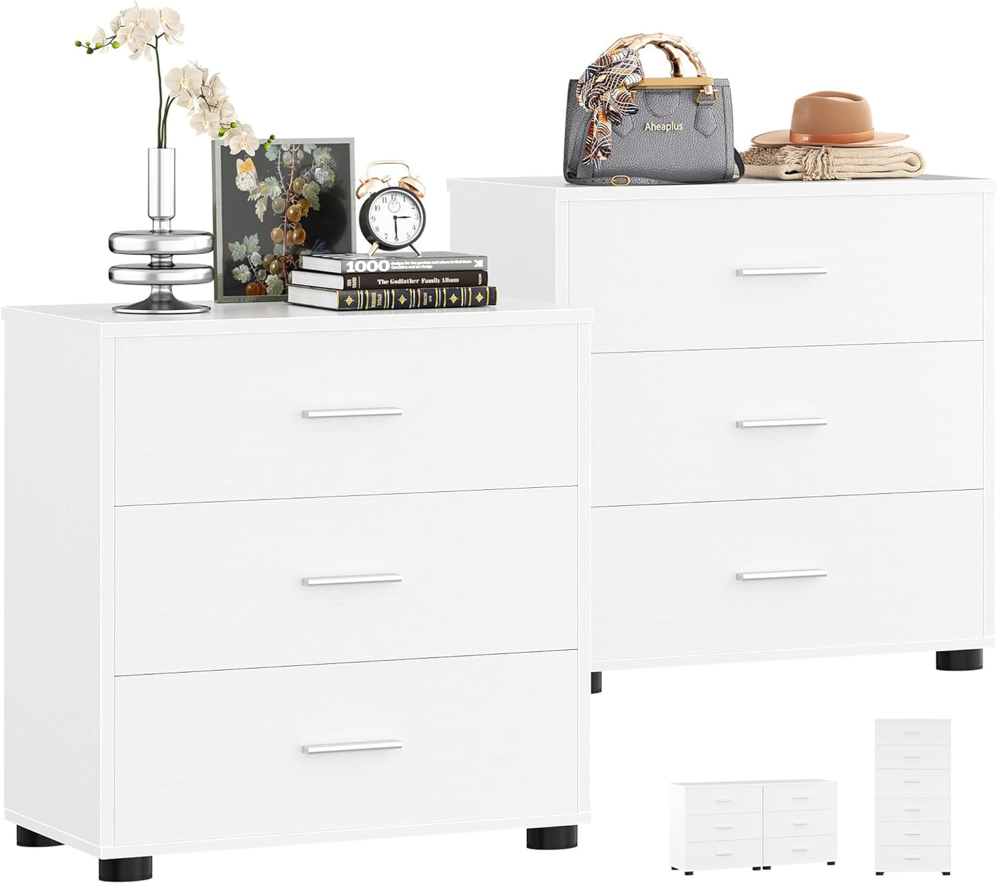 Aheaplus Closet Drawers Set of 2, Wood Closet Organizers and Storage with 3 Drawers, Closet Drawers Organizer System, Nightstands Bedside End Table with 3 Drawers Storage for Bedroom, White