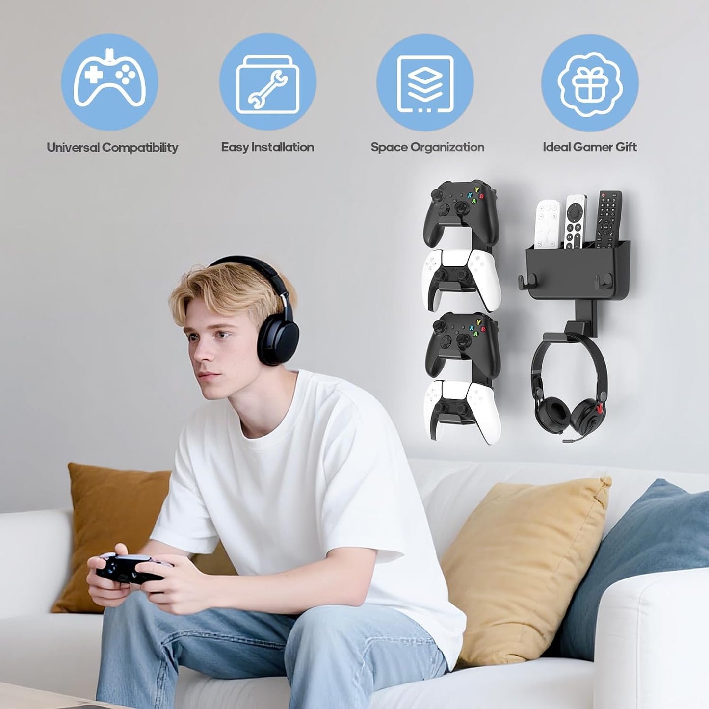 Controller & Headset & Remote Holder Wall Mount with No Drill, 2 Packs Gaming 4 Controllers Hanger Hook Mount for PS5/PS4/XBOX/Switch, Headphone Stand & Remote Control Holer Wall Shelf with Adhesives
