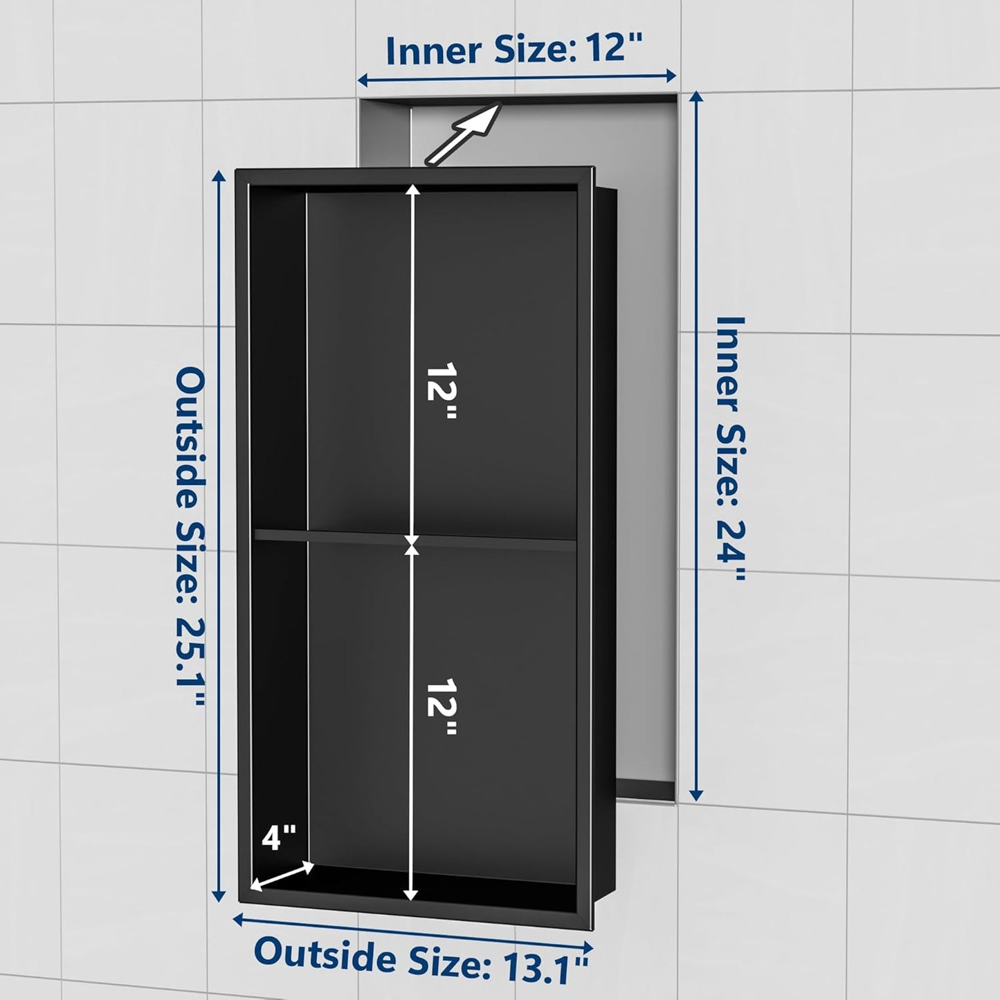 Stainless Steel Shower Niche 24" X 12", No Tile Needed Wall Niche Double Shelves, Recessed Shower Shelf for Bathroom Storage, Matte Black