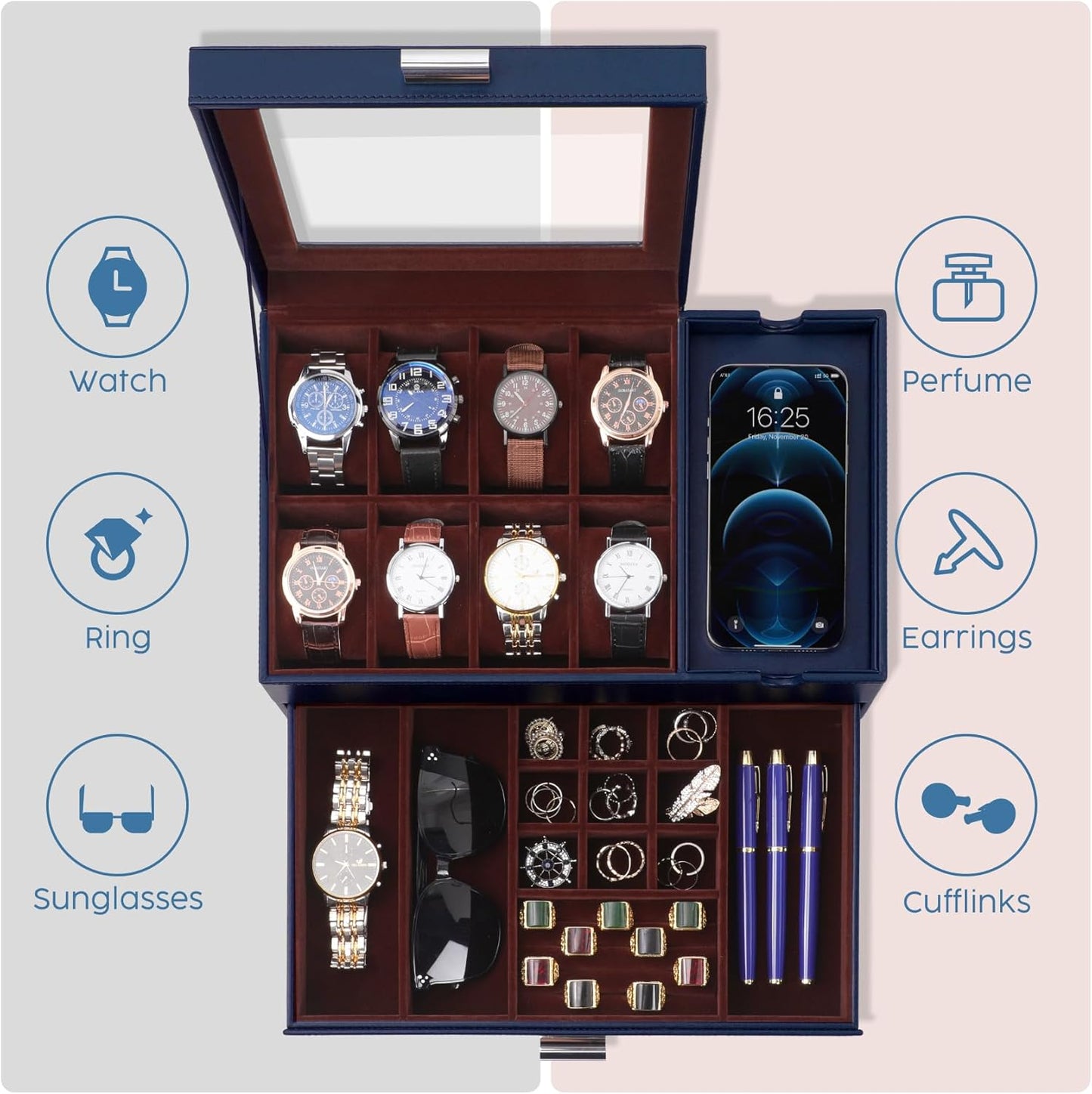 Dajasan Watch Box, Watch Case for Men, 8 Slot Watch Display Case with Glass Lid, Large Watch Holder Organizer, Watch Storage Case for Father's Day, Birthday, Christmas, New Year (Blue)