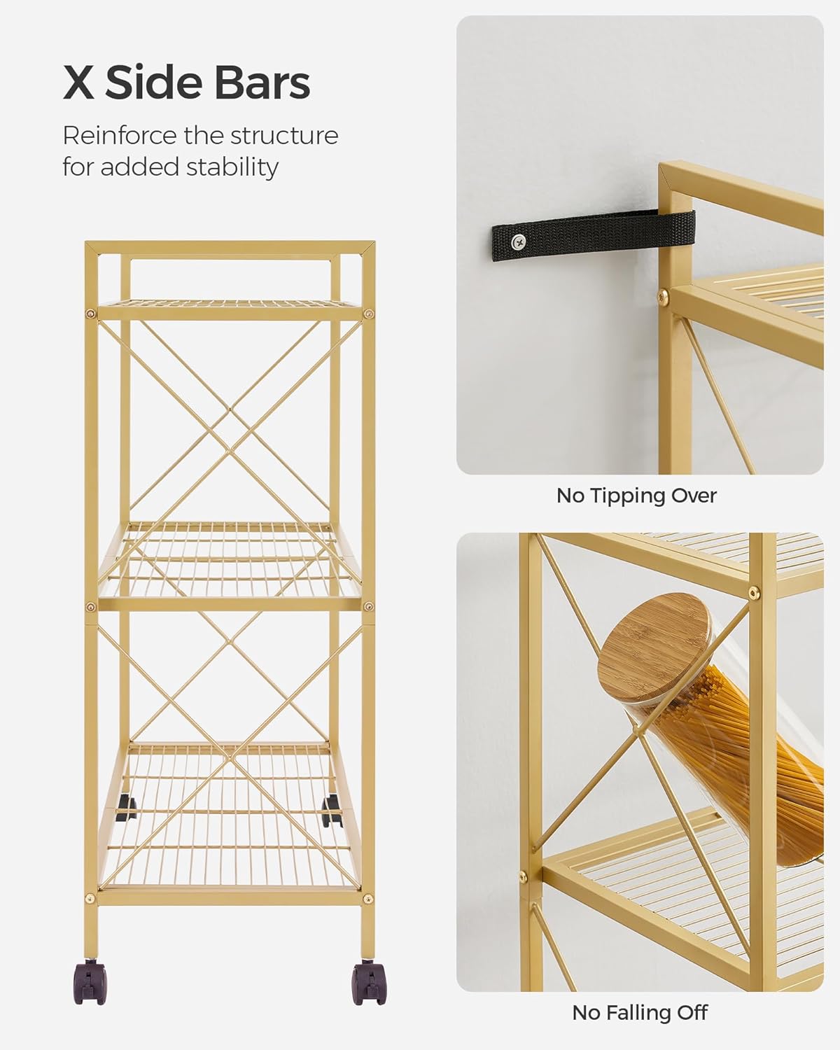SONGMICS 3-Tier Metal Storage Rack with Wheels, Mesh Shelving Unit with X Side Frames, 31.5-Inch Width, for Entryway, Kitchen, Living Room, Bathroom, Industrial Style, Metallic Gold UBSC183A01