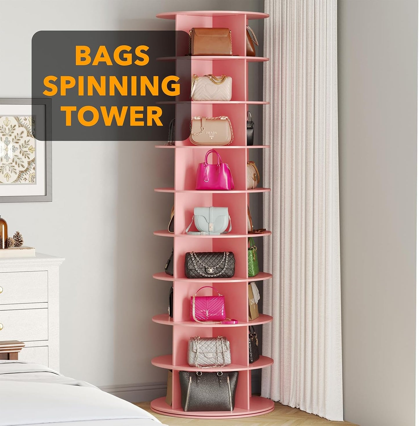 SpaceAid 9 Tier Rotating Shoe Rack Tower, Spinning Shoe Display Lazy Susan, Revolving 360 Shoe Rack Storage Round Carousel, Vertical Handbag Rotate Shoes Closet Organization (9-Tier Pink)