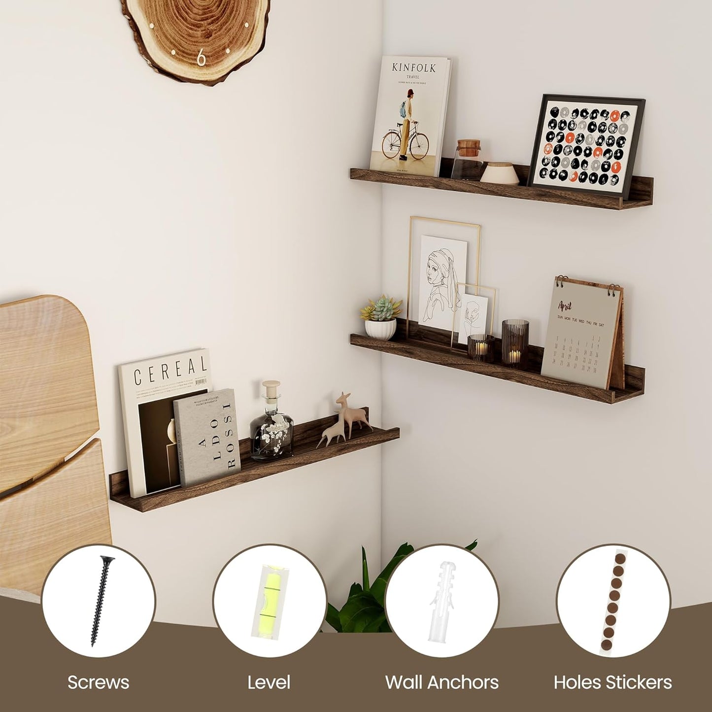 Axeman Floating Shelves for Wall - 24 Inch Picture Ledge Shelf Set of 2 - Rustic Picture Shelf for Wall with Ledge - Walnut Floating Shelves with Lip - Photo Ledge Shelves for Pictures Nursery Books