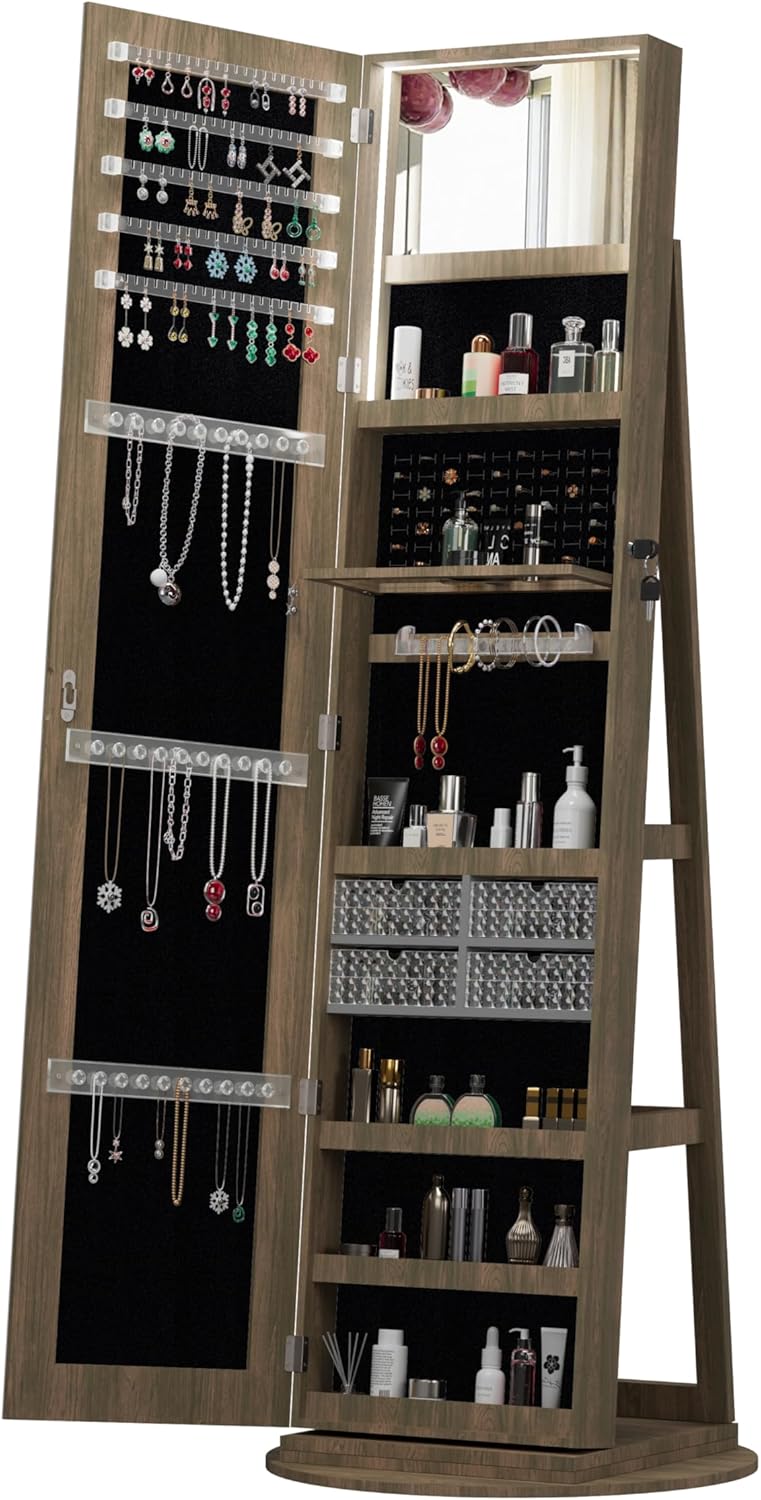 Montary 360° Rotating Jewelry Cabinet with Full-Length Mirror - Freestanding Jewelry Armoire with Lockable Storage, Built-In Lighted Mirror & Back Display Shelves,Brown
