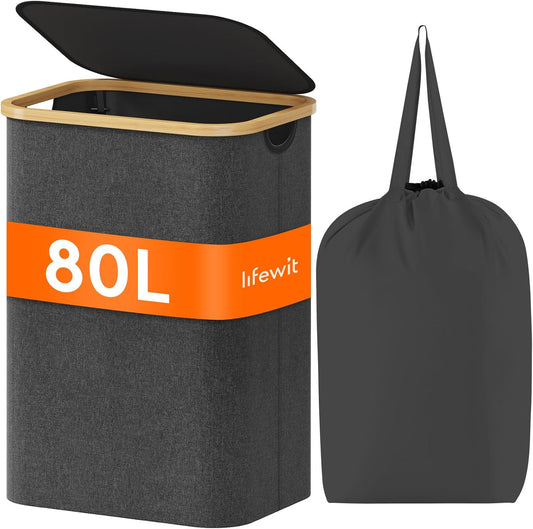 Lifewit 80L Laundry Basket with Lid, Clothes Hampers for Laundry with Bamboo Handles and A Removable Laundry Bag, Large Foldable Laundry Hamper for Bedroom, Bathroom, Dorm, Laundry Room, Dark Gray