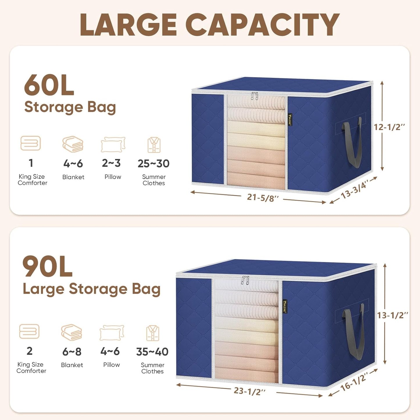 BALEINE 6 Pack Clothes Storage Bags, 24 Gallon Storage Containers with Reinforced Handle, Sturdy Zipper, Closet Organizer for Blanket, Comforter, Pillow, Bedding (Blue, 6 Pack)