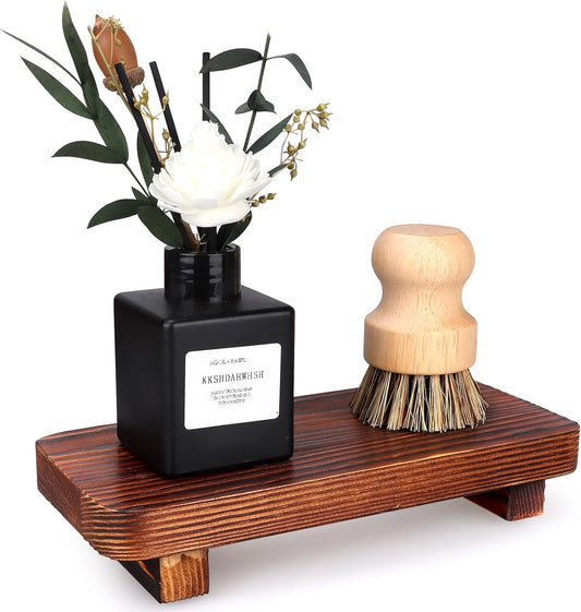 Small Brown Bathroom Decor Tray for Counter Dish Soap Holder Wooden Pedestal Stand for Kitchen Sink Soap Dispenser Wood Risers Kitchen Accessories Countertop Vanity Counter Decorative Tray