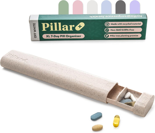 Pillar Plus - Aesthetic 7 XL Day Pill Organizer | BPA-Free Wheat Straw Medicine Case | Pretty Travel & Home Tablet Vitamin Organizer | Cute Weekly Pill Box | Travel Medicine Organizer (Off White)