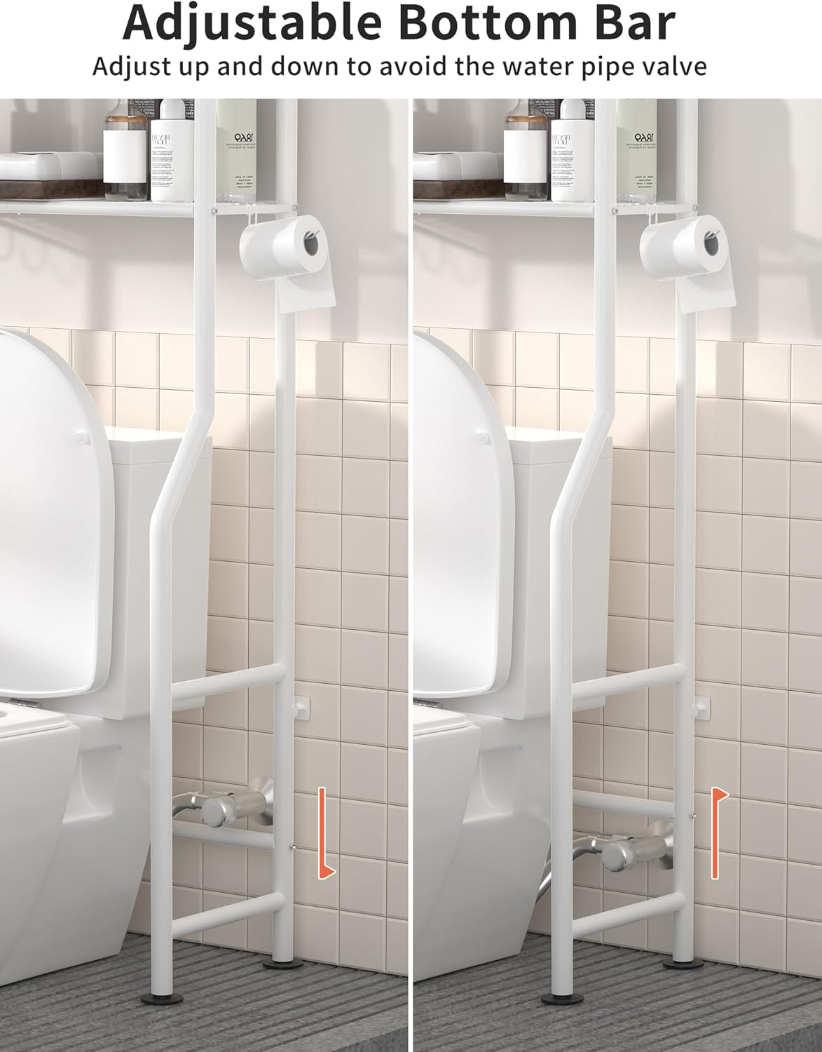3-Tier Over The Toilet Storage, Freestanding Metal Bathroom Shelves with 4 Hooks, Over Toilet Storage Shelf with Paper Holder, Above The Toilet Shelf for Bathroom Storage, White