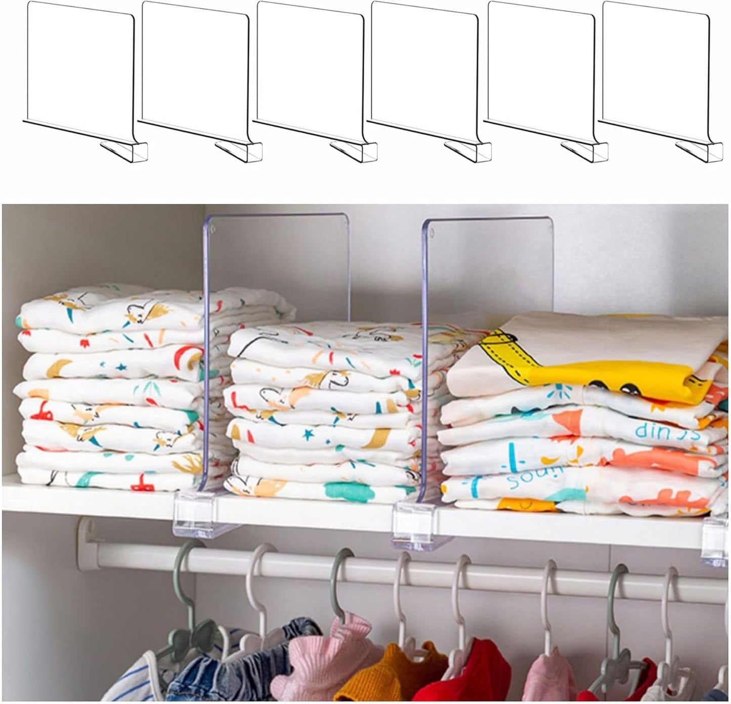 Yieach 6 Pack Clear Acrylic Shelf Divider for Closet Organization - 9.2″ Tall Closet Dividers for Wood Shelves,Cupboard,Vertical Shelf Separators in Closet for T-Shirt,Purse,Handbag,Sweater Organizer