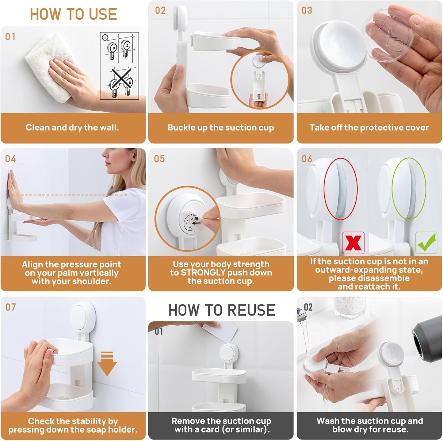 LEVERLOC Soap Dish Holder for Shower Double Layer Suction Cup Wall Mounted NO-Drilling Self Draining Removable Waterproof Strong Suction Bar Soap Sponge Holder for Shower Bathroom Bathtub Kitchen