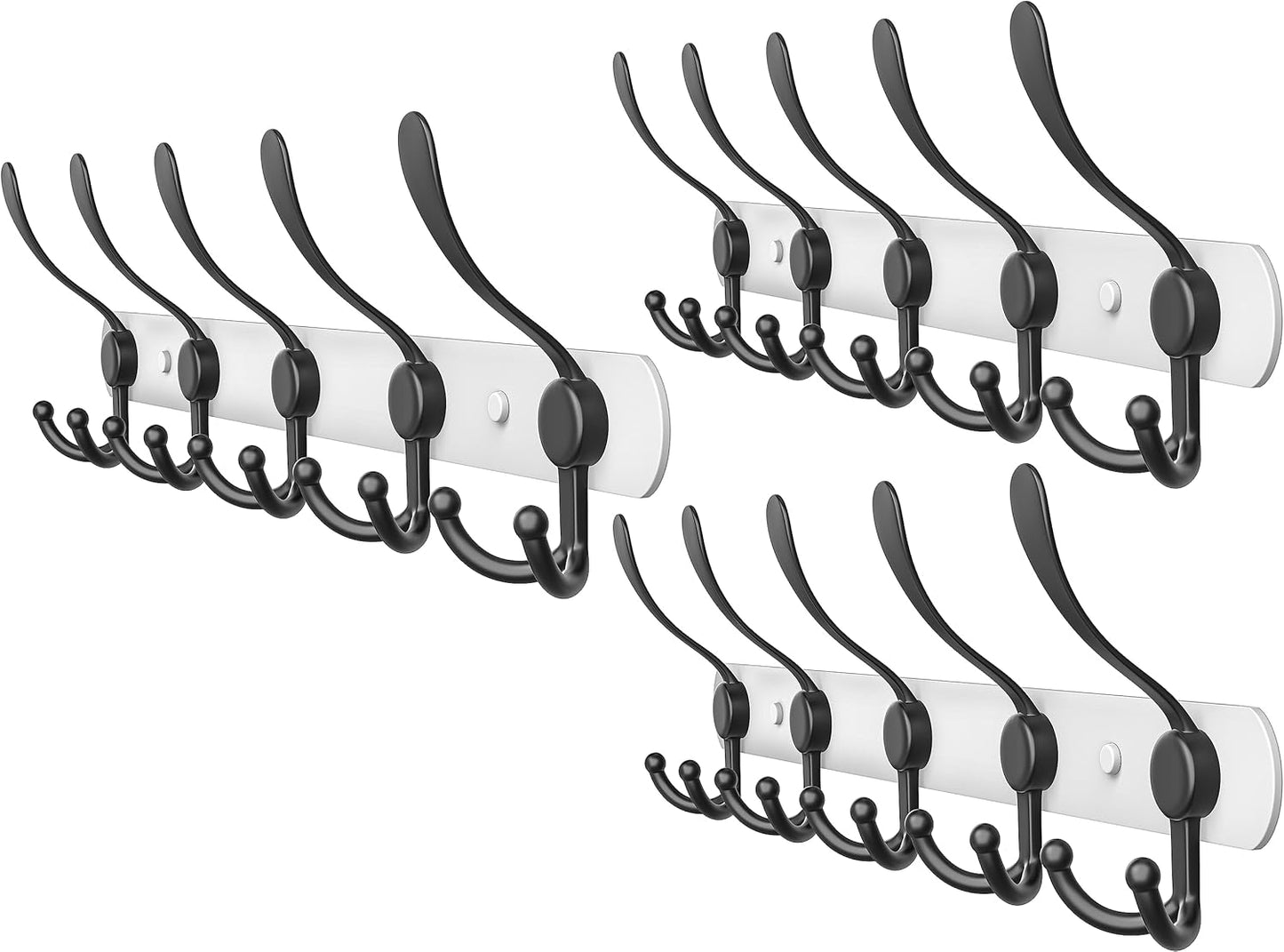 Coat Rack Wall Mount with 5 Tri Hooks, Stainless Steel 16 Inch – White & Black Matte Finish, Heavy Duty Wall Mounted Hook Rack for Coats, Hats, Towels, Scarfs, Robes, Bags, Entryway & Bathroom, 3 Pack