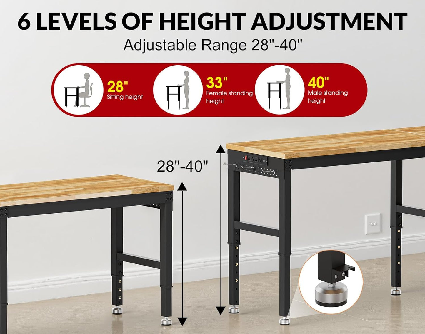 72”Heavy Duty Work Bench, 2-Layer Adjustable Workbench, 5000 LBS Capacity Work Bench with Power Outlet & Pegboard, Rubber Wood Work Table for Garage, Workshop, Office, Home