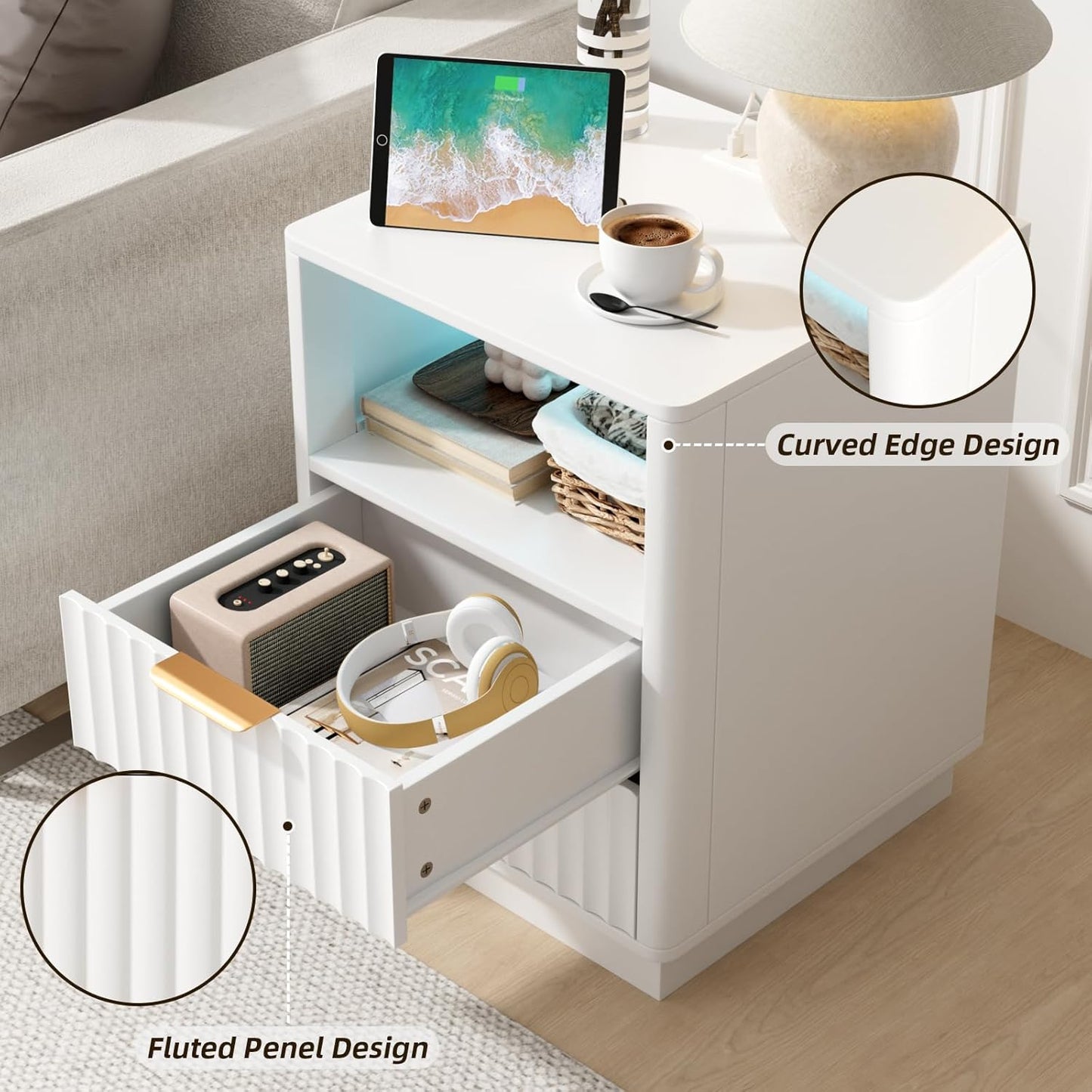 VOWNER Fluted Nightstand with Charging Station, 18” RGB Night Stand with 2 Drawers, End Table with Storage Shelf, Curved Profile Design Side Table, Bedside Table for Bedroom Living Room, White