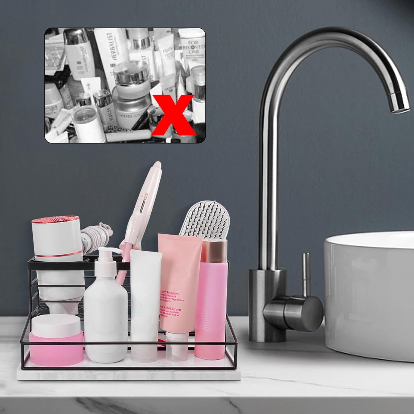 Hair Tool Organizer, Movable Hair Dryer Holder, Hair Styling Tools Storage for Vanity, Bath Counter Organizer, Bathroom Trays for Hair Toiletry, Makeup (12" x 7.7" x 5.8", Marble-Black)
