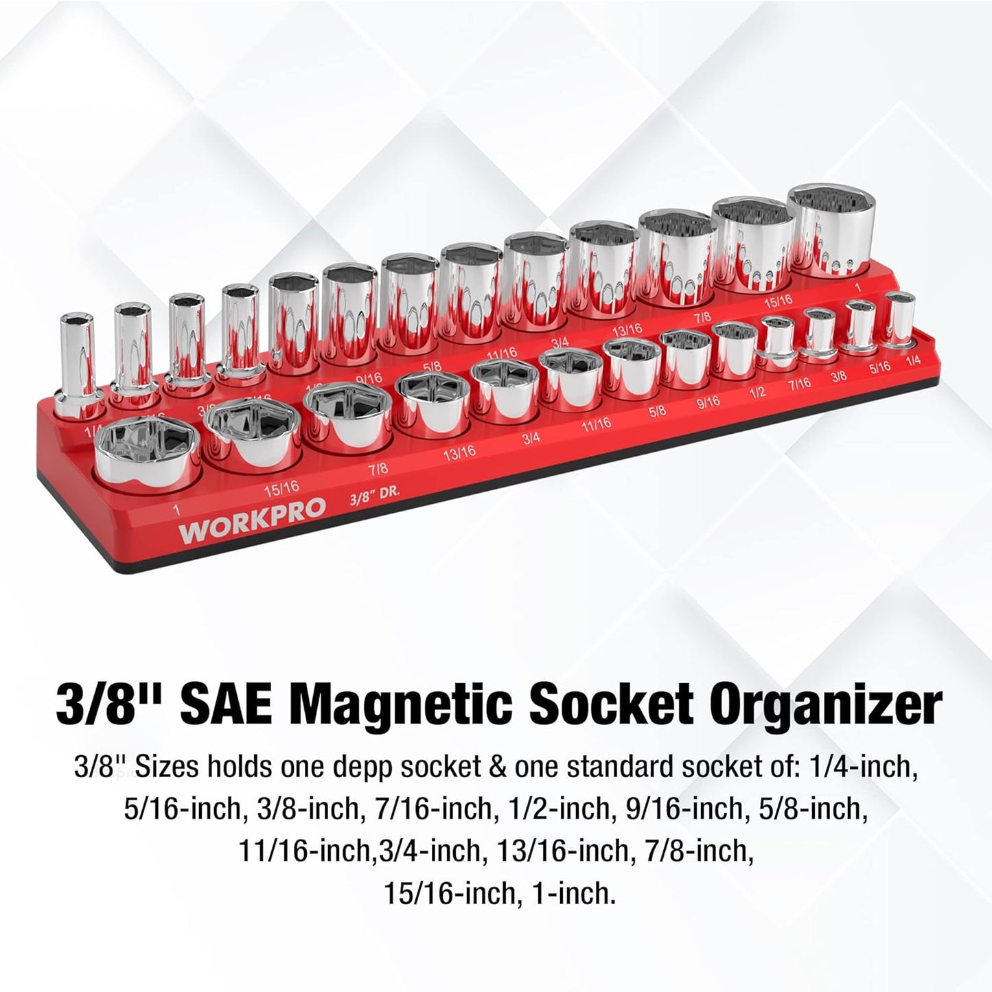 WORKPRO Magnetic Socket Organizer, 3/8-Inch SAE Socket Holder, Socket Trays Holds 26 Pieces Standard Size and Deep Size Sockets(Sockets not Included)