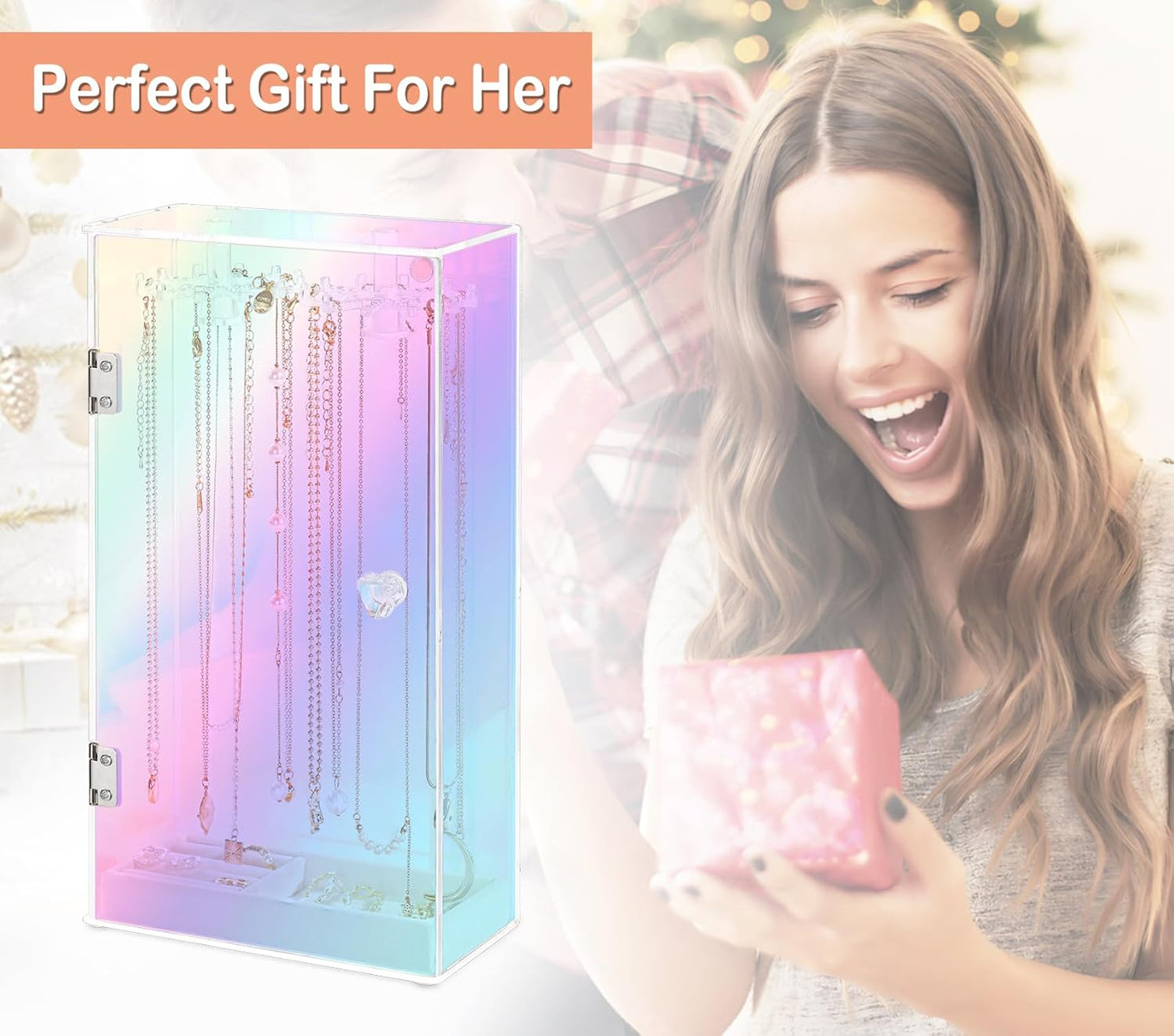 Jenseits Iridescent Necklace Organizer, Acrylic Necklace Holder w/Velvet Tray, Dustproof Rotation Jewelry Holder Organizer Display Stand Box Hanger, Necklaces Ring Bracelet Case, Gift for Women, Girl