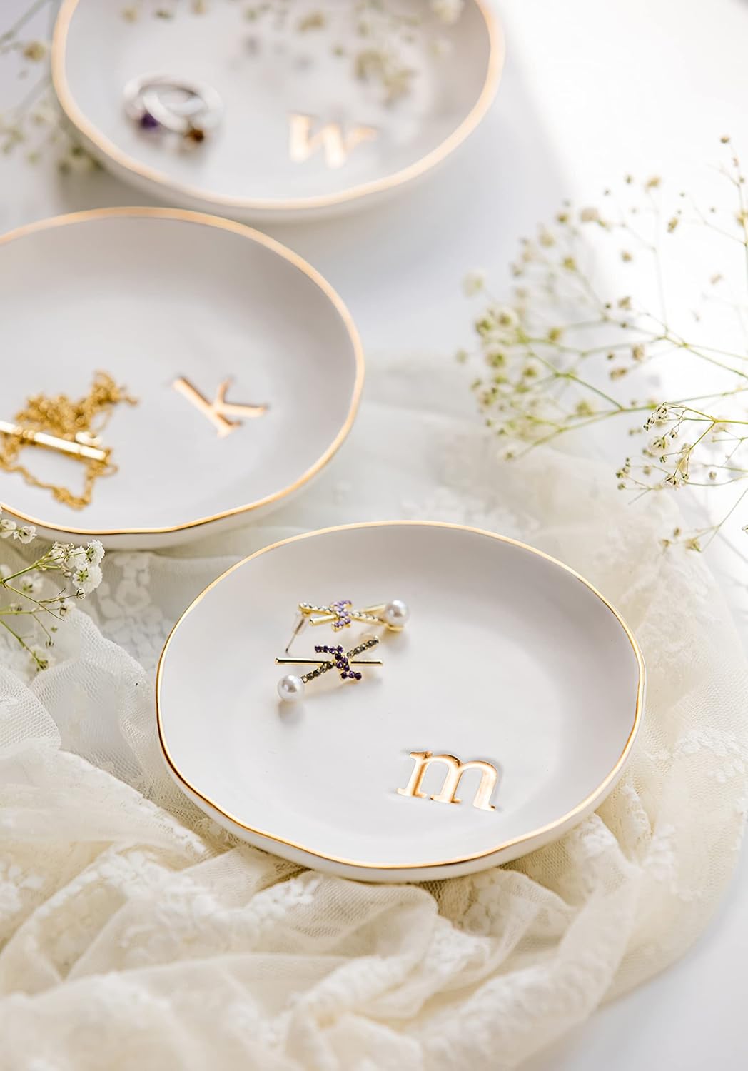 COLLECTIVE HOME - Ceramic Jewelry Tray, Decorative Trinket Dish for Rings Earrings Necklaces Bracelet Watch Keys, Birthday Mother's Day Christmas Gift for Women, 4.75", White Surface (J)