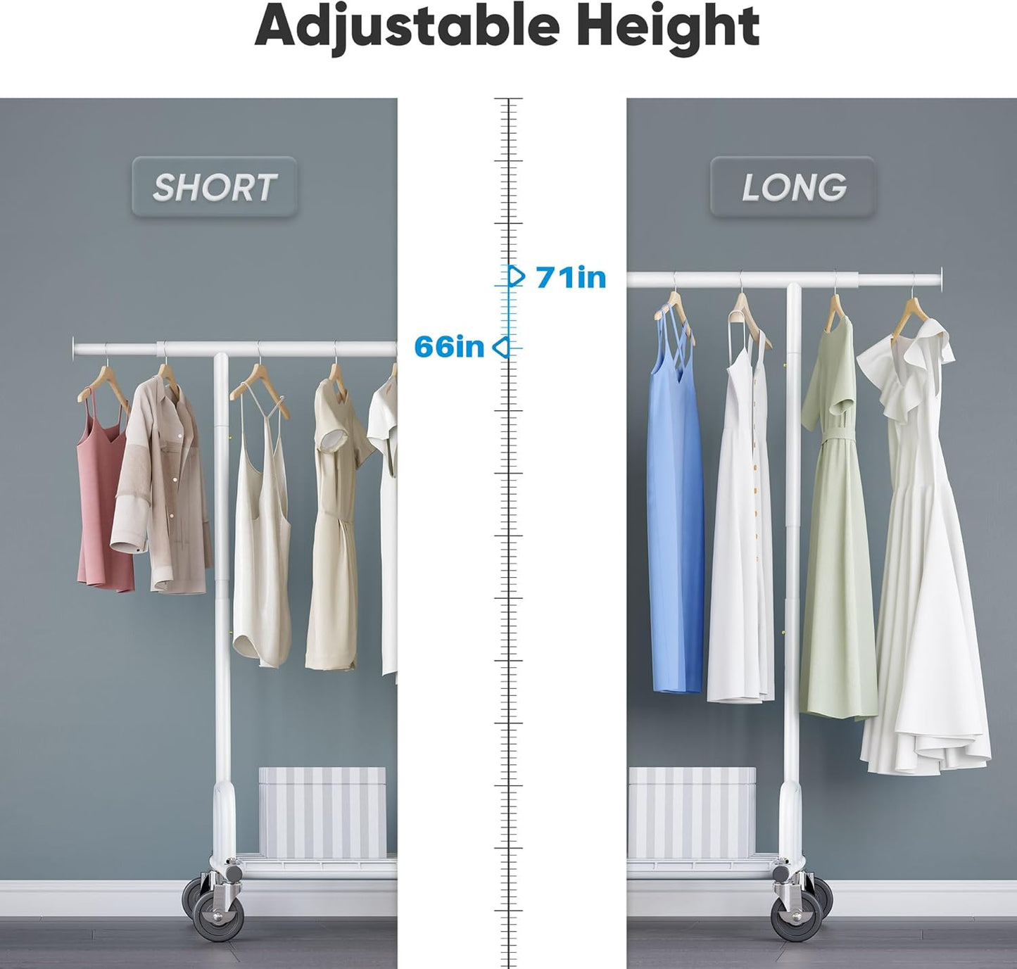 HOKEEPER Clothes Rack Collapsible Clothing Garment Rack Capacity 525LBS Clothing Racks on Wheels Heavy Duty Rolling Clothes Rack for Hanging Clothes for bedroom, Commercial, White 22"D x 75"W x 71"H
